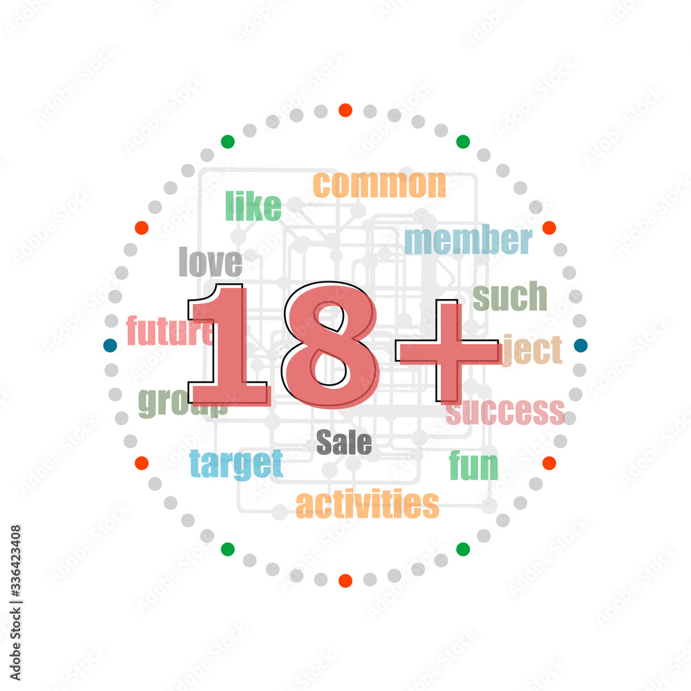 Text 18 plus. Social concept . Word collage with different association terms Text 18 plus. Social concept . Word collage with different association terms