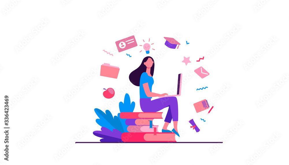 Student with laptop studying on online course. Woman sitting on stack of books and using computer. Vector illustration for internet school, knowledge, education concept Student with laptop studying on online course. Woman sitting on stack of books and using computer. Vector illustration for internet school, knowledge, education concept