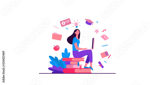 Student with laptop studying on online course. Woman sitting on stack of books and using computer. Vector illustration for internet school, knowledge, education concept
