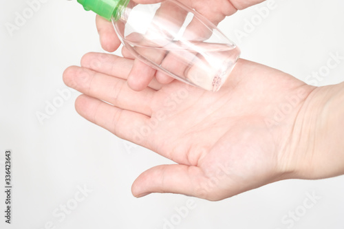 Health care concept. Antibacterial sanitizer gel on woman hands. hygiene concept. prevent the spread of germs and bacteria and avoid infections corona virus. Wash your hands