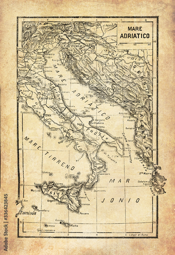 Ancient map of Adriatic,Jonian and Tyrrhenian seas, as part of the Mediterranean near the coasts of Italy and Sicily with geographical Italian names and descriptions
