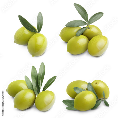 Wallpaper Mural Collection of delicious green olives with leaves, isolated on white background Torontodigital.ca