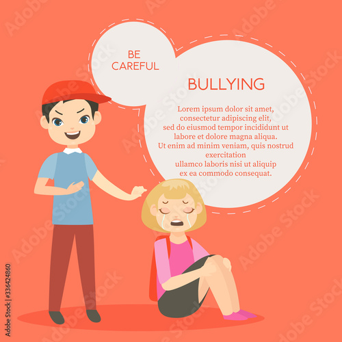 Vector illustration of kids bullying. Aggressive school children conflict in flat style. Feminism, schoolchildren, teasing boy and crying girl cartoon characters