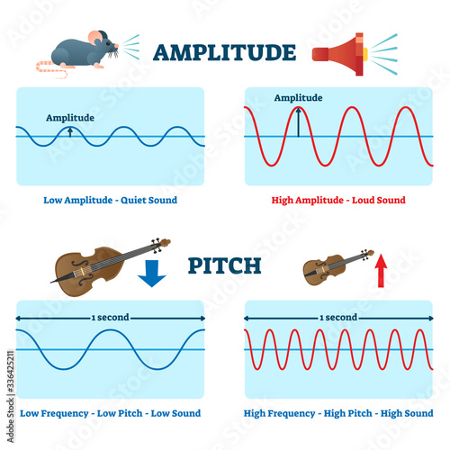 Amplitude and pitch vector illustration. Labeled educational sound scheme. photo