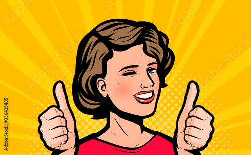 Beautiful woman rejoices in success. Retro comic pop art vector illustration