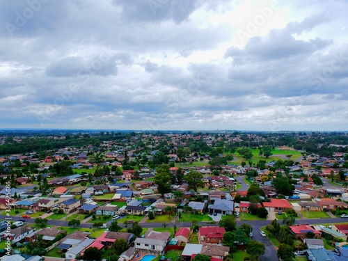 Above St Clair Drone panoramic aerial view of Sydney NSW Australia city Skyline and looking down on all suburbs 