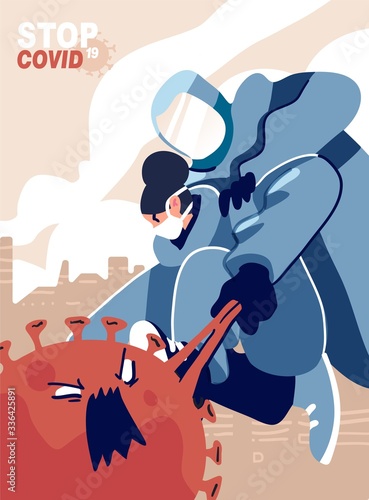Fight with Coronavirus concept. Illustration of a doctor fighting with covid-19 corona virus. Disease campaign poster