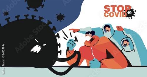 Fight with Coronavirus concept. Illustration of a doctor fighting with covid-19 corona virus. Disease campaign poster