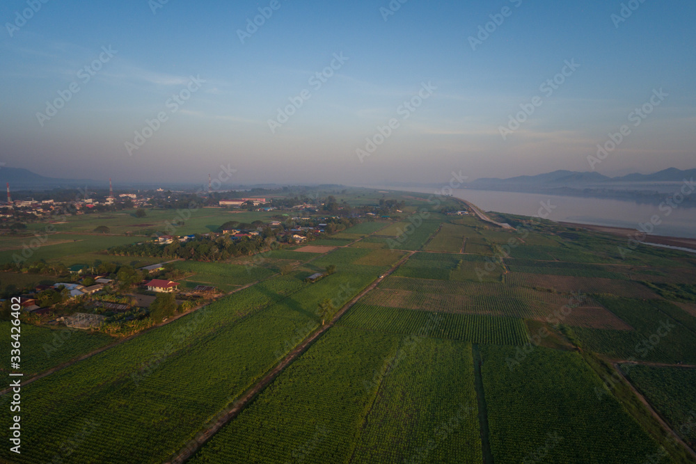 Aerial view Agriculture along the Mekong River at sunrise in Thailand