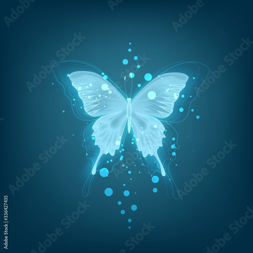 Glowing background with neon blue butterfly on white background

