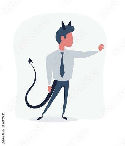 Cartoon devil Satan businessman in suit pointing. Vector flat design illustration.