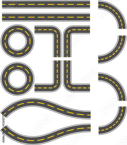Template set of straight asphalt roads. Seamless road background