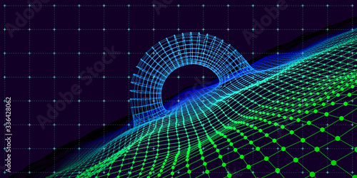 Abstract 3d color surface wave with merged torus. Futuristic digital wireframe style. Perspective wave grid with arch on dark background. Futuristic concept  3d arch like time portal.
