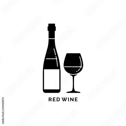 Illustration with silhouette bottle and glass red wine. Isolated object. Alcohol beverage label. White background. Design concept party, celebration. Modern sign