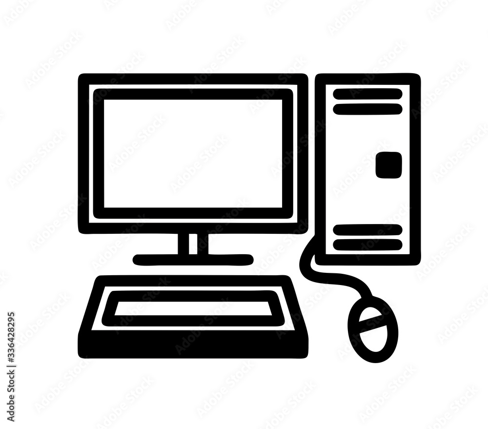 personal desktop computer or pc with keyboard and mouse vector isolated in black and white for logo, sign, apps or website personal desktop computer or pc with keyboard and mouse vector isolated in black and white for logo, sign, apps or website