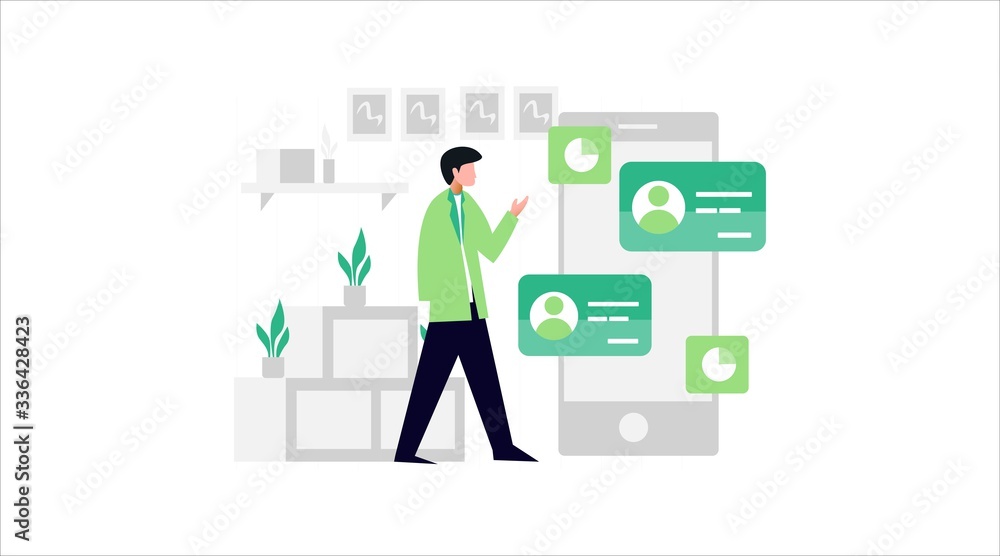 Fototapeta premium People using online chat apps in big mobile phone. Flat vector illustrations. Internet communication concept for banner, website design or landing web page
