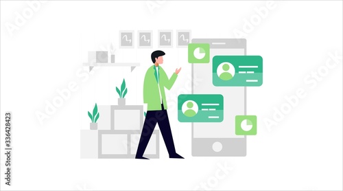 People using online chat apps in big mobile phone. Flat vector illustrations. Internet communication concept for banner, website design or landing web page