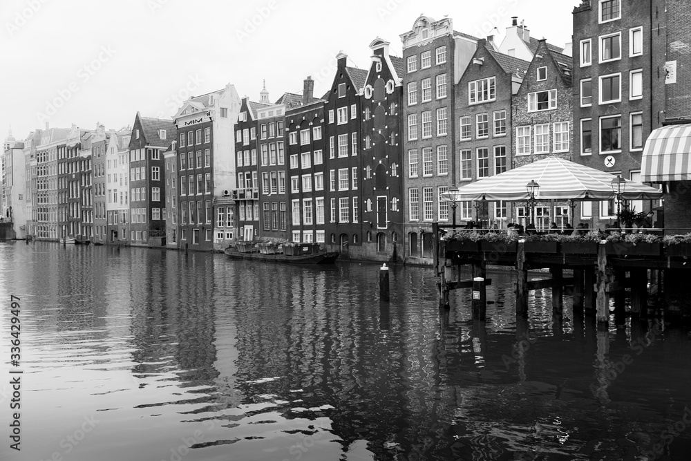 Amsterdam classic canal, black and white, cityscape, Netherlands