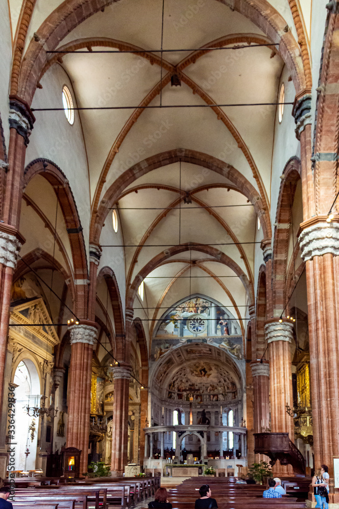 The inner central hall of the Duomo Cattedrale di S. Maria Matricolare cathedral in Verona, Italy