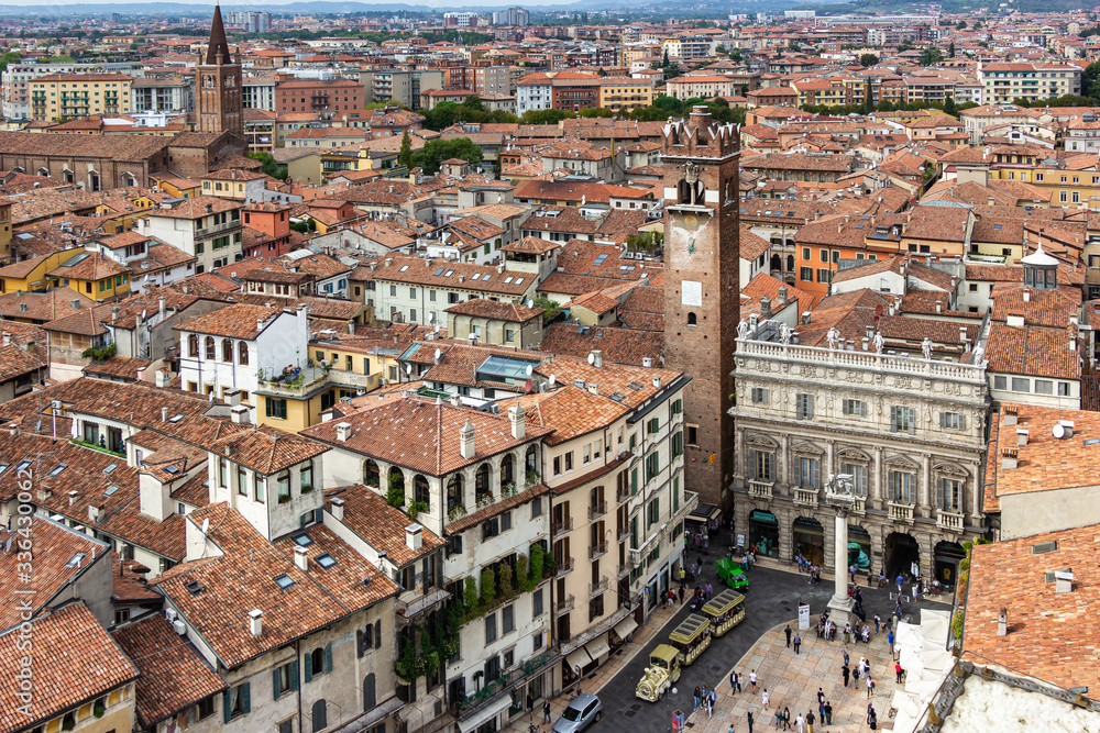 Old town of Verona. View from the bell tower Torre Dei Lamberti in Verona, Italy