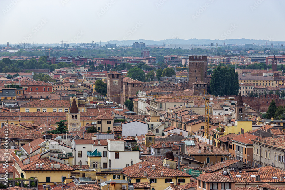 Old  town of Verona. View from the bell tower Torre Dei Lamberti in Verona, Italy