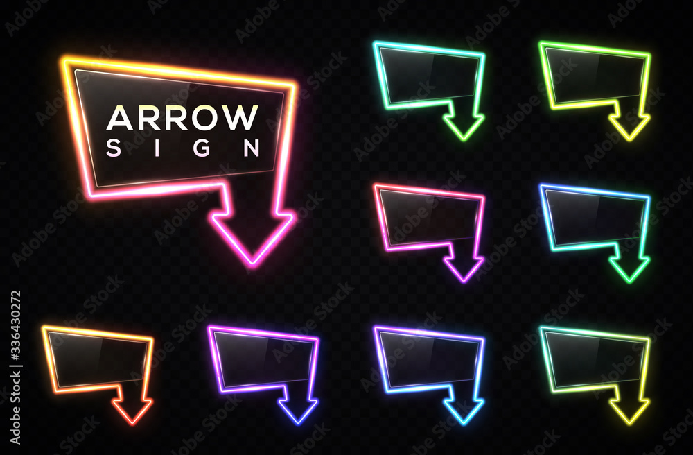 Neon light gradient arrow set on transparent background. Glowing color tube led lamp sign with glass texture plate. Arrow signboard for night club, casino, bar store design. Bright vector illustration