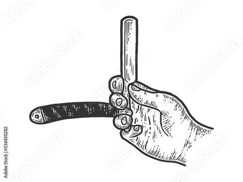 Male hand holds straight razor. Sketch scratch board imitation.