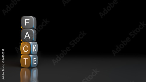 3D rendering dice blocks with flip over from FAKE to FACT word on black background. News, solution and business concepts. photo