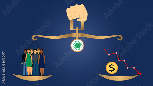 Economics decline and people lives on golden balance scale with coronavirus sign. Difficult choose of government