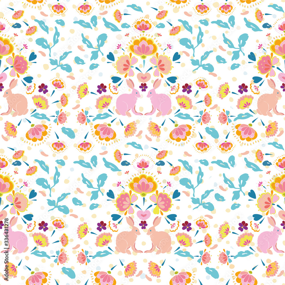 Vector folk art boho easter bunny pattern on white dotted background. Happy spring design. Event and holidays. Surface pattern design.