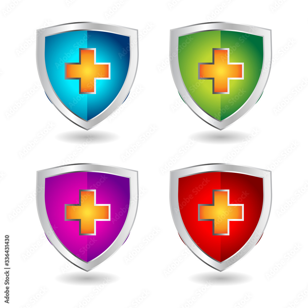 Shield badge icons set. 3D illustration of shield badge vector icons isolated on white background Shield badge icons set. 3D illustration of shield badge vector icons isolated on white background