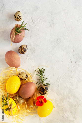 Easter eggs painted with natural organic dye - turmeric and beet in nest of hay. Quail, colored eggs, spring orange flower and fresh rosemary sprig  on light background, empty space for text