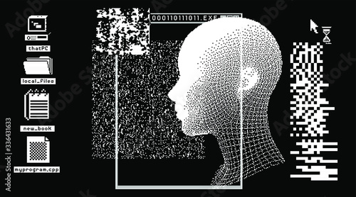 Cyberpunk futuristic collage with glitch art artifacts and wireframe of a human head. Retrofuturistic 8-bit style aesthetics.