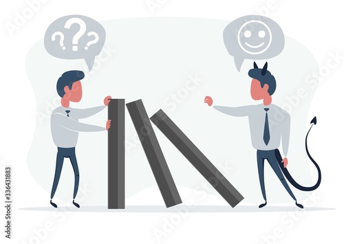 Businessman stopping falling domino - concept. Symbol of crisis, risk, management, leadership and determination. vector illustration.