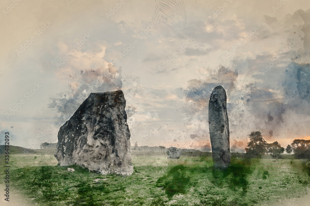 Digitally created watercolor painting of Stunning Summer sunrise landscape of Neolithic standing stones in English cluntryside with gorgeous light with slight background mist