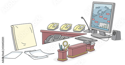 Office of a government official, a desk with a computer monitor and telephones of special communication, vector cartoon illustration on a white background