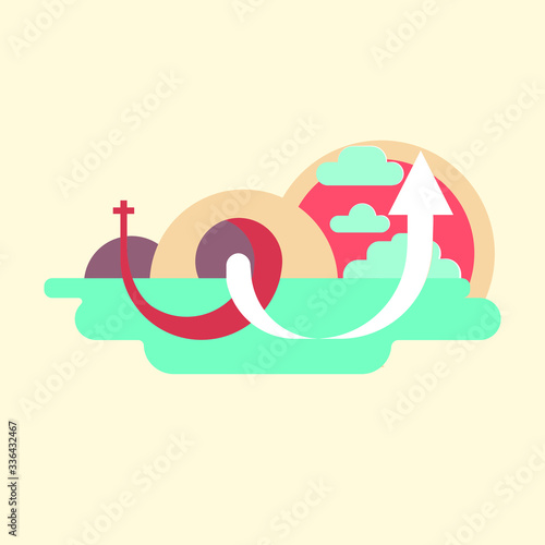 Vector color graphic composition, infographic element, illustration for easter, image of calvary and empty tomb, death and resurrection of Jesus Christ, arrow pointing to heaven.
