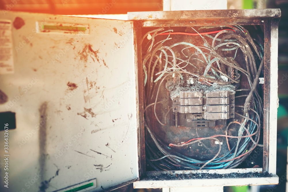 short circuit electric control got burn from fire Stock Photo