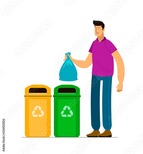 Man sorts garbage for recycling. Vector illustration