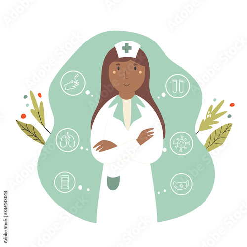 Doctor image and icons for coronavirus prevention