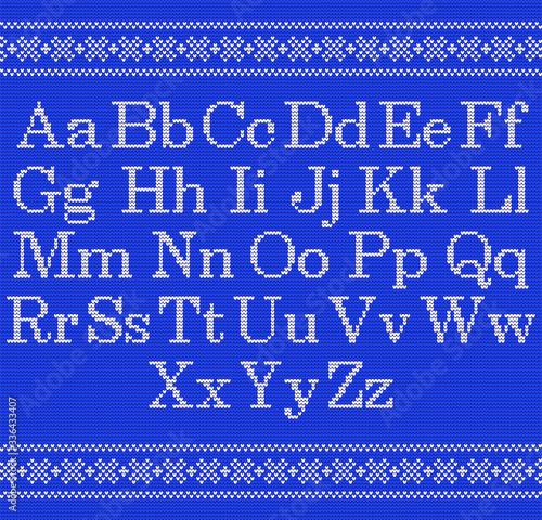 Knitted font on blue background. Christmas knit alphabet on seamless pattern. Nordic Fair Isle knitting border. Sweater Christmas winter design. Handicraft letter for sweater, knitting norway textile.