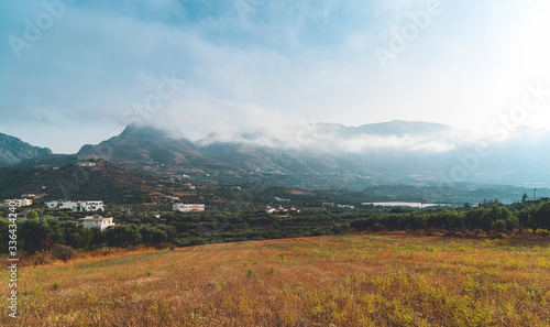Foggy mountains and fields on Crete