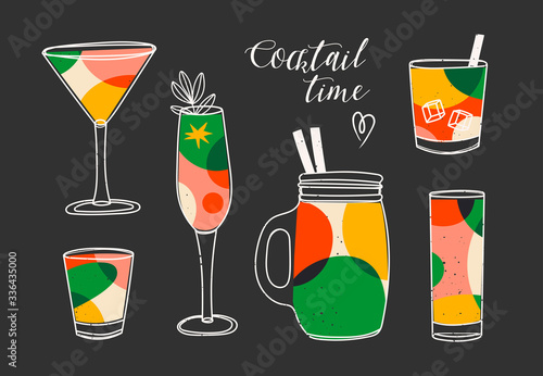 Cocktail time. Various Alcoholic drinks. Different glasses. Retro Vintage color palette. Lava lamp style spheres. Hand drawn colored Vector set. All elements are isolated. Perfect for menu designs