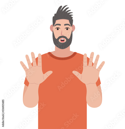 Bearded man shows stop gesture with his hand. Hipster with scared expression on his face making frightened gesture with his palms as if trying to defend himself from someone. Vector illustration in ca