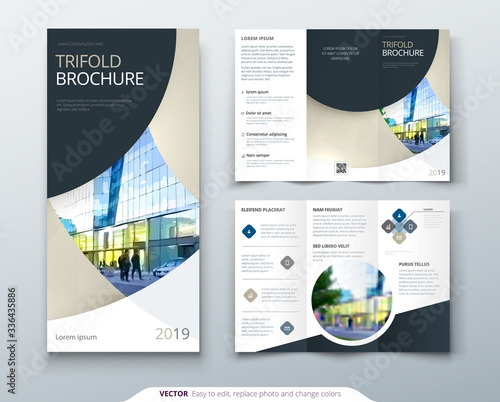 Tri fold brochure design with circle, corporate business template for tri fold flyer. Layout with modern photo and abstract circle background. Creative concept folded flyer or brochure.