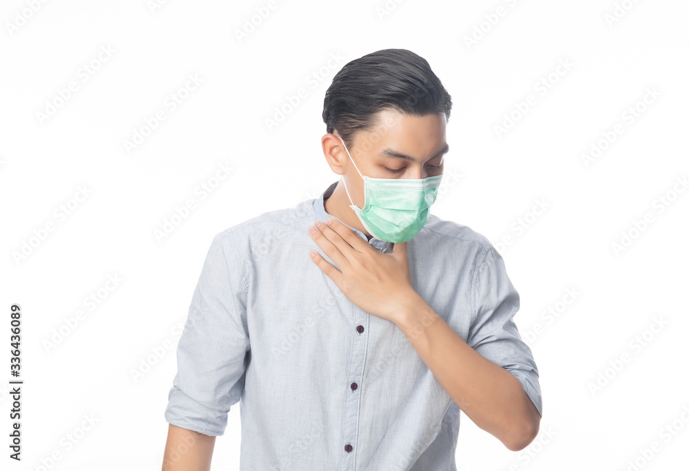 Young Asian Businessman in hygienic mask suffering sore throat, 2019-nCoV or coronavirus. Airborne respiratory illness such as pm 2.5 fighting and flu. Studio shot isolated on white background. Young Asian Businessman in hygienic mask suffering sore throat, 2019-nCoV or coronavirus. Airborne respiratory illness such as pm 2.5 fighting and flu. Studio shot isolated on white background.