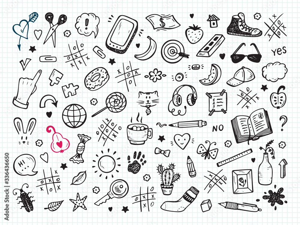Naklejka premium Workplace concept. Icons set. Mess on the table. Messy desk. Hand Drawn Doodle Tic Tac toe, Stationery, Food and other items that are on desktop. Back to school. Vector illustration 