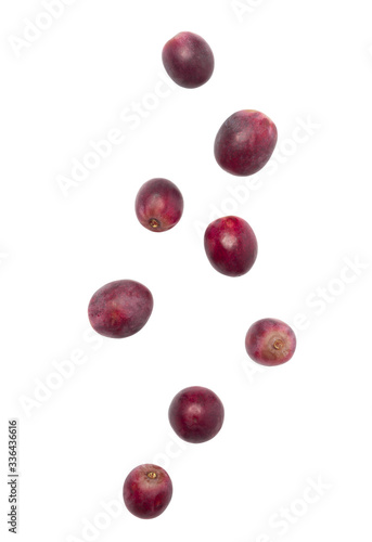 Falling red grapes isolated on white background with clipping path.