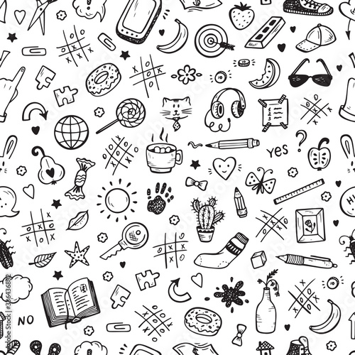 Workplace concept. Mess on the table Seamless Pattern. Messy desk. Hand Drawn Doodle Tic Tac toe, Stationery, Food and other items that are on desktop. Back to school. Vector background 