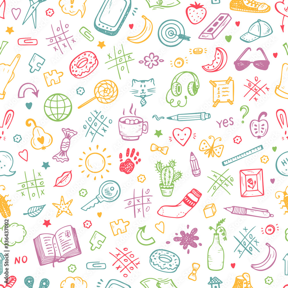 Workplace concept. Mess on the table Seamless Pattern. Messy desk. Hand Drawn Doodle Tic Tac toe, Stationery, Food and other items that are on desktop. Back to school. Vector background
Workplace concept. Mess on the table Seamless Pattern. Messy desk. Hand Drawn Doodle Tic Tac toe, Stationery, Food and other items that are on desktop. Back to school. Vector background